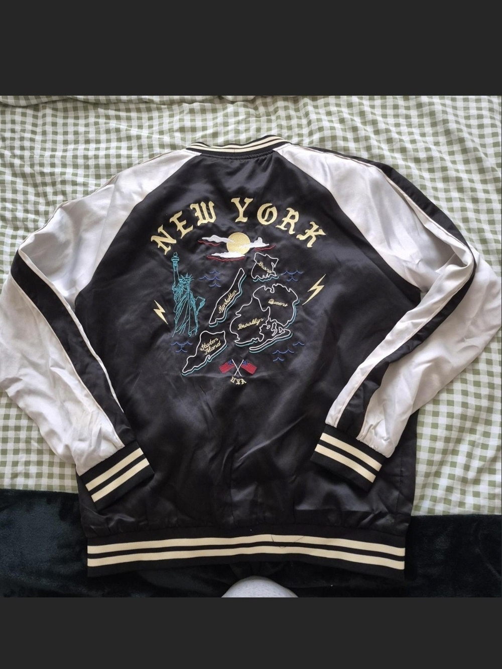 The Rail New York Embroidered Satin Bomber Jacket - Black/Cream